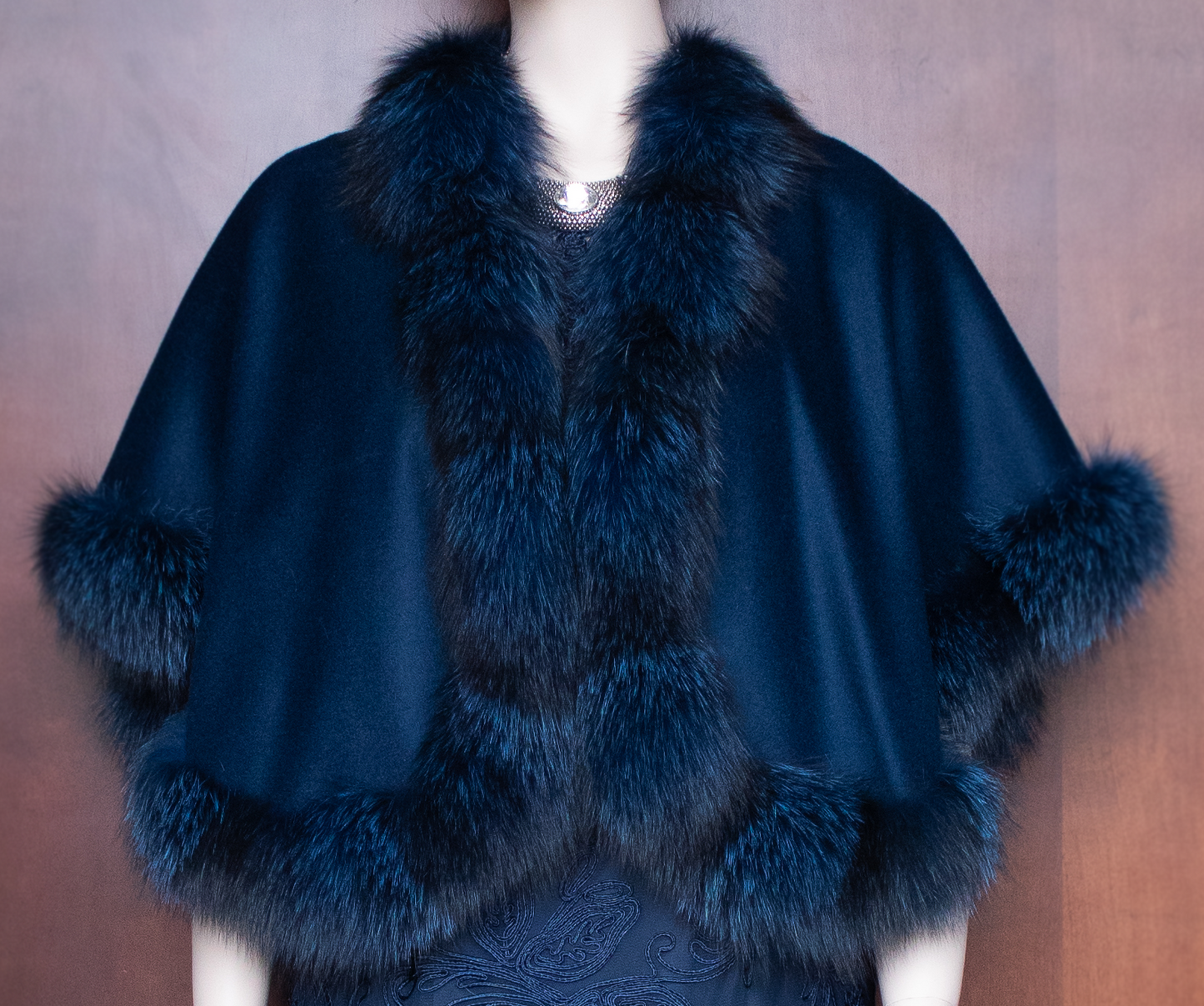 Navy Fox Trim Cocktail Wrapped Cape