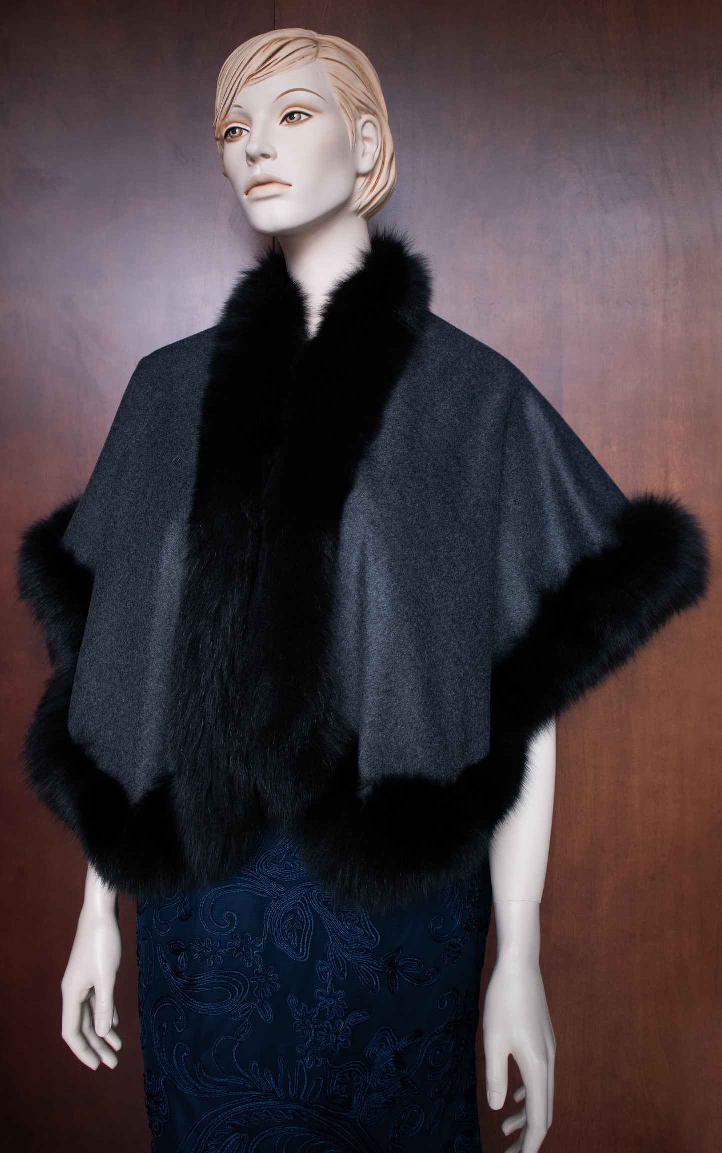 Black Fox Trim Cocktail Wrapped Grey Cape