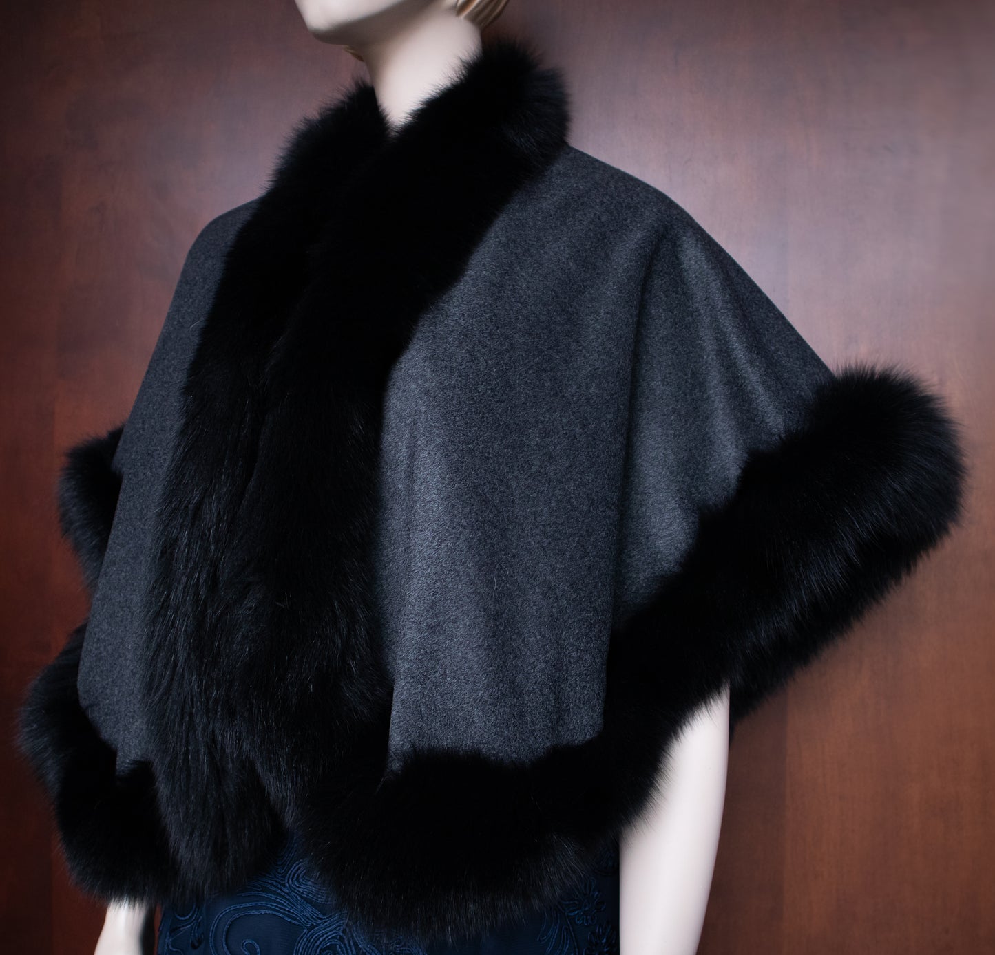 Black Fox Trim Cocktail Wrapped Grey Cape