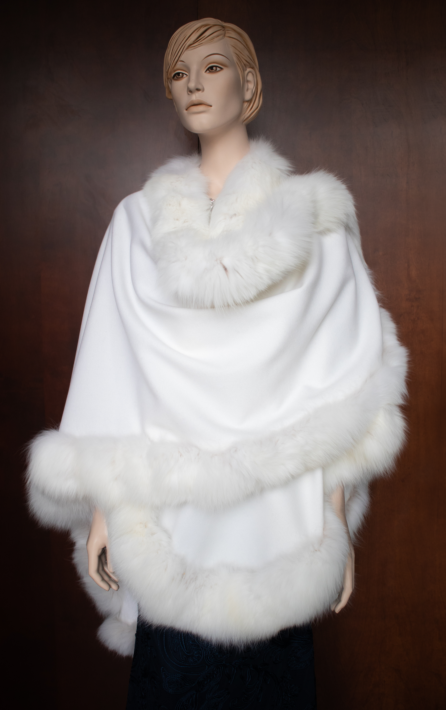 White Fox Trim Long Wrapped Cape