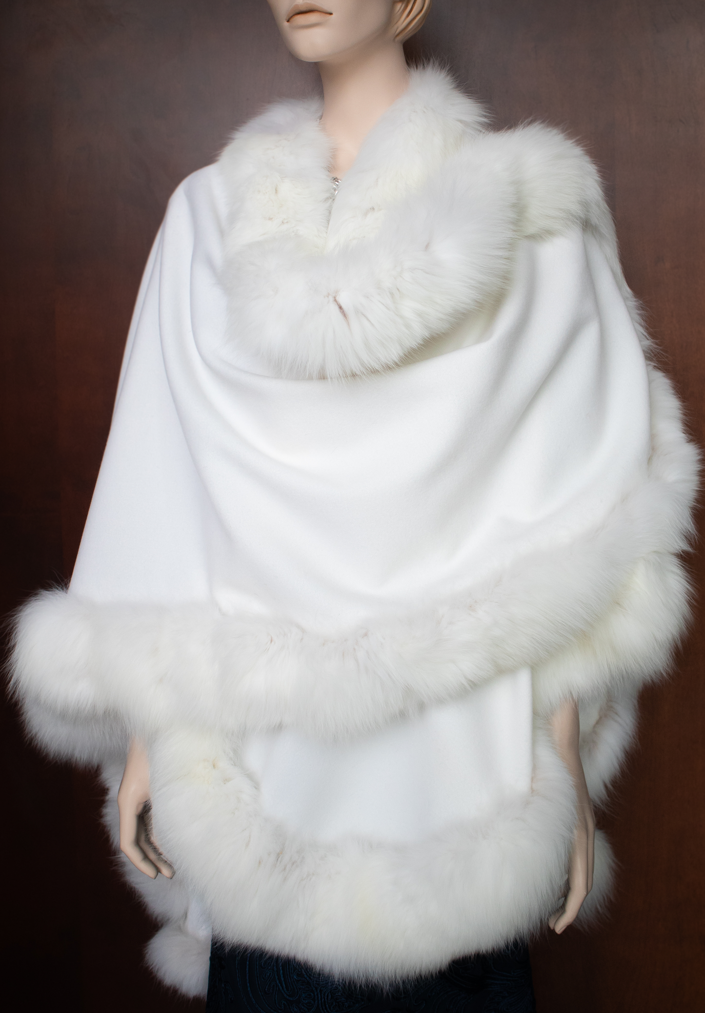 White Fox Trim Long Wrapped Cape