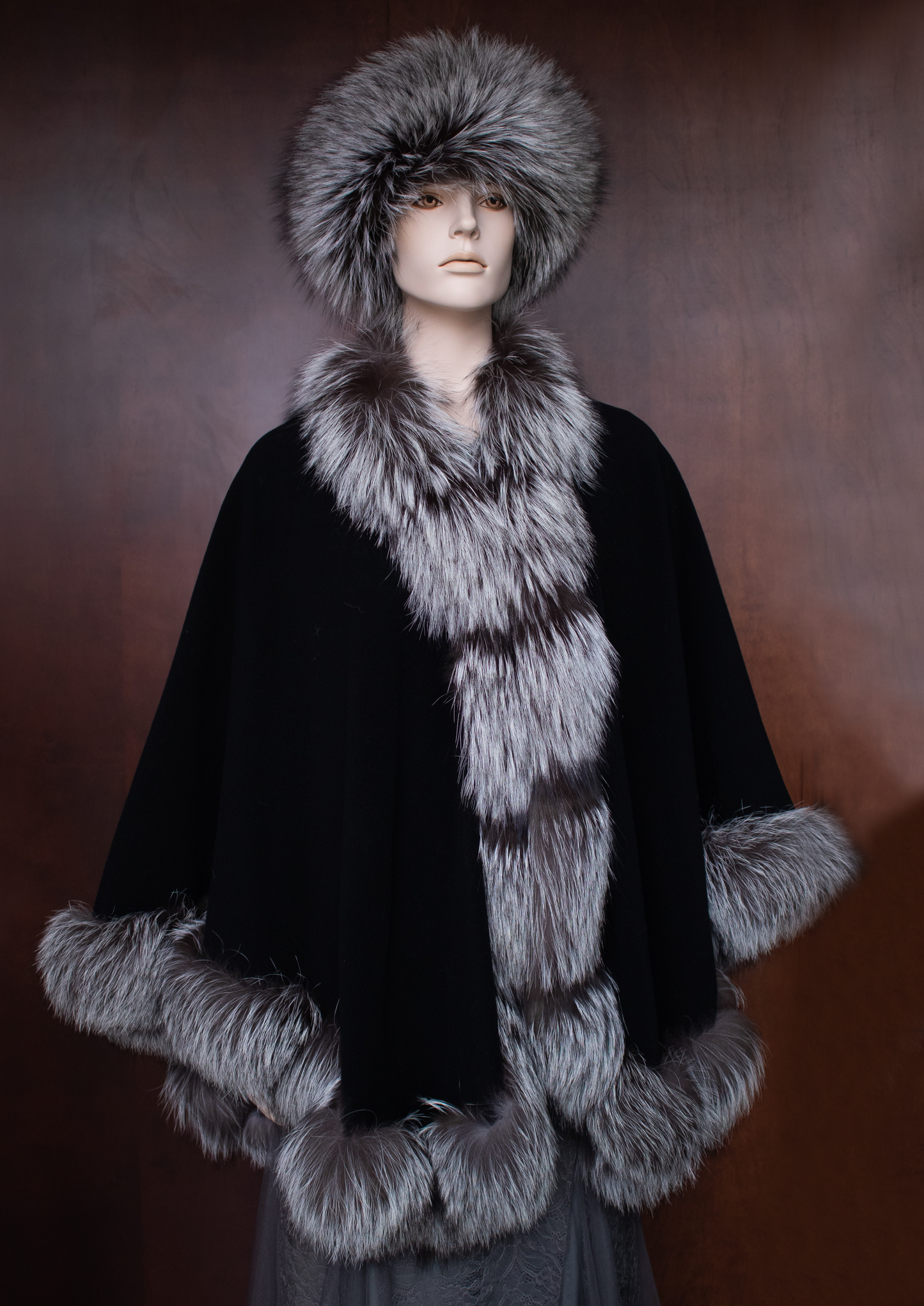 Silver Fox Trim Medium Wrapped Black Cape