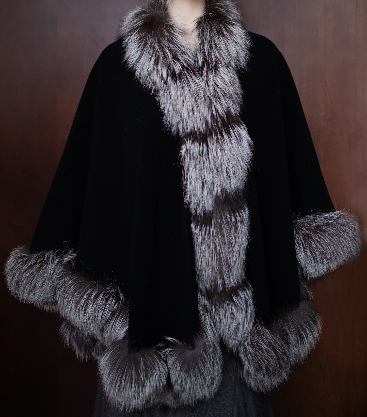 Silver Fox Trim Medium Wrapped Black Cape