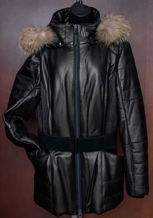 Black Hooded Coyote Trim Lamb Skin Parka Jacket