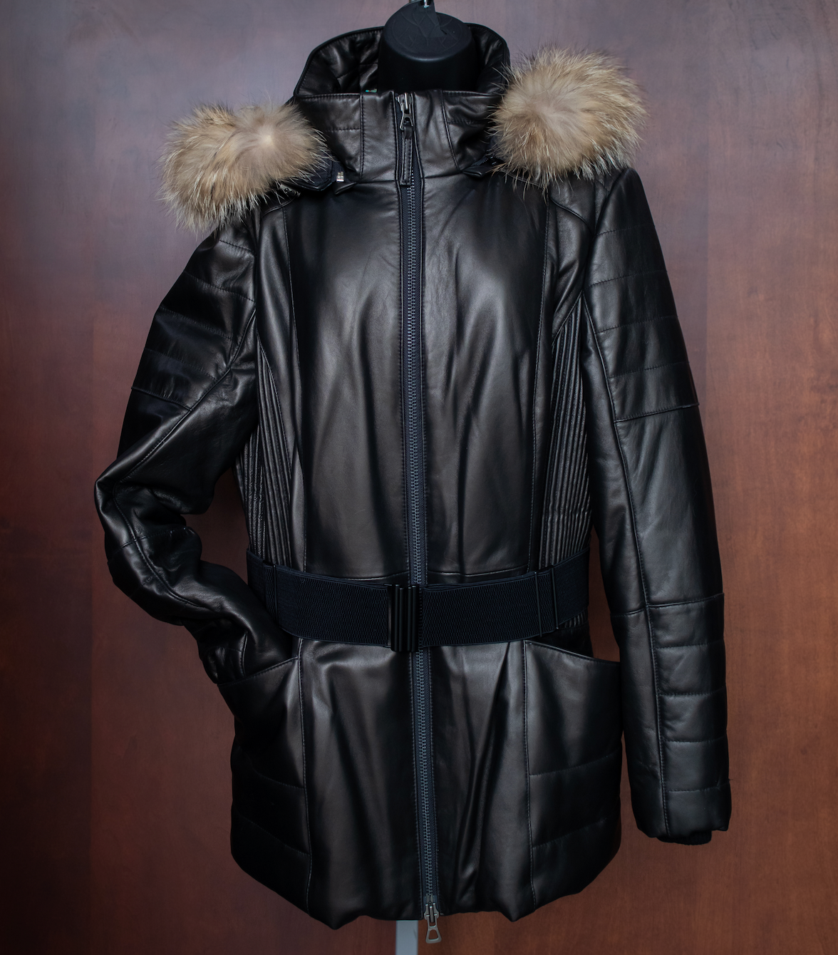 Black Hooded Coyote Trim Lamb Skin Parka Jacket