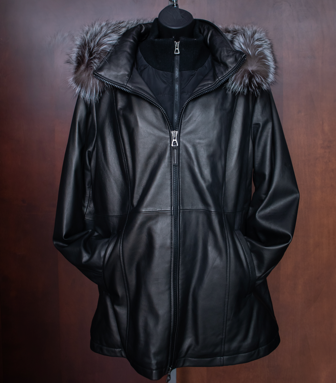 Black Hooded Silver Fox Trim Lamb Skin Parka Jacket