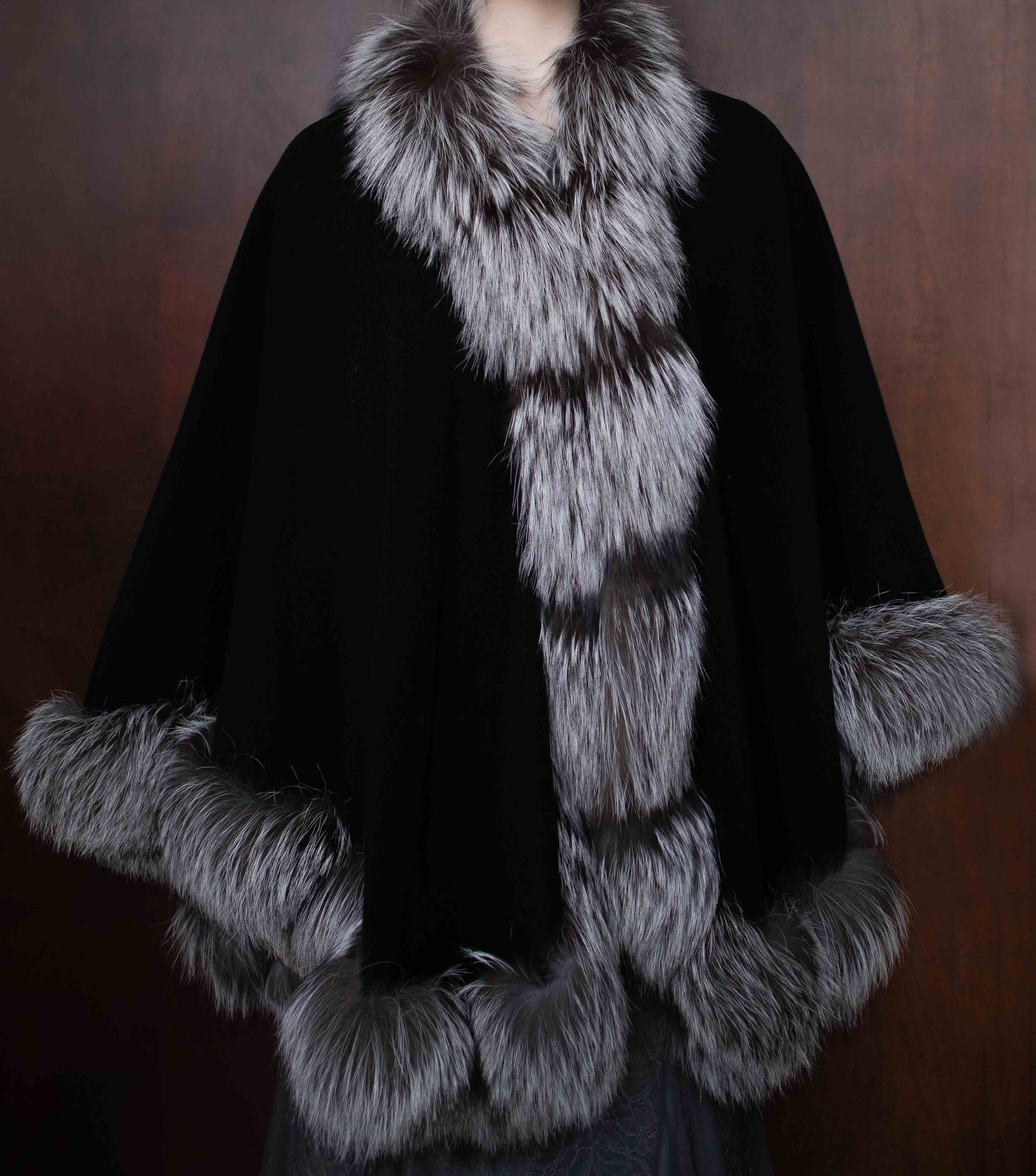 Silver Fox Trim Medium Wrapped Black Cape view 2