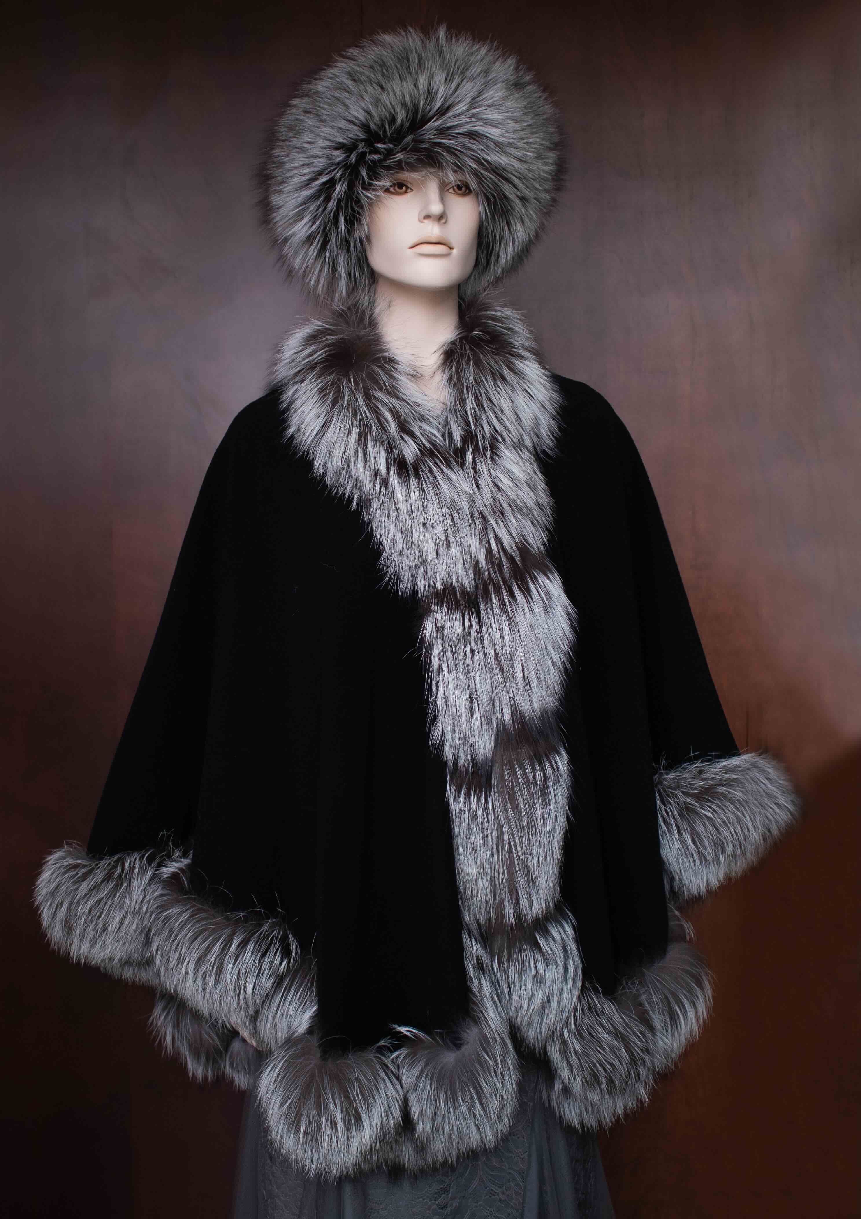 Silver Fox Trim Medium Wrapped Black Cape